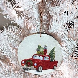 Hand Crafted Decoupage Wooden Christmas Ornament/Vintage Red Truck w/Presents